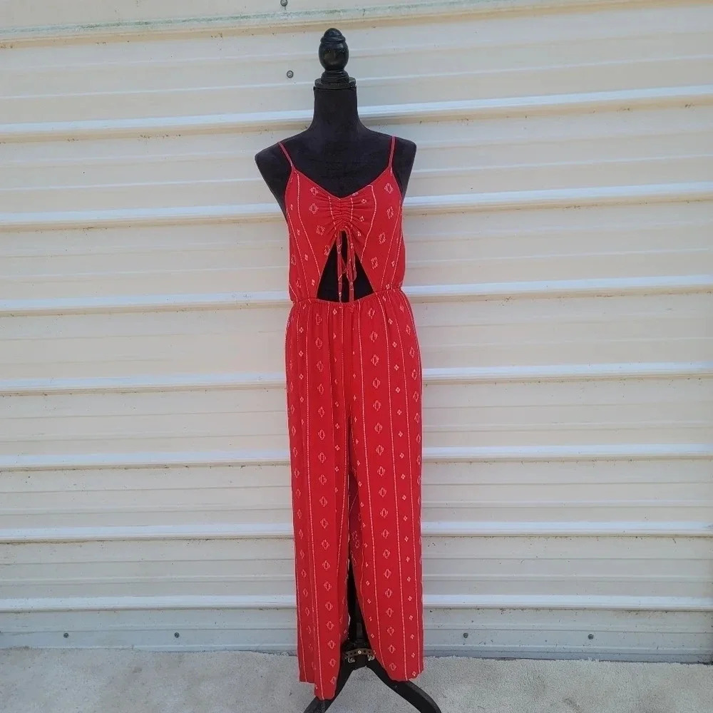 NWT Salty Lemon Womens Red White Jumpsuit Open Keyhole sz L
